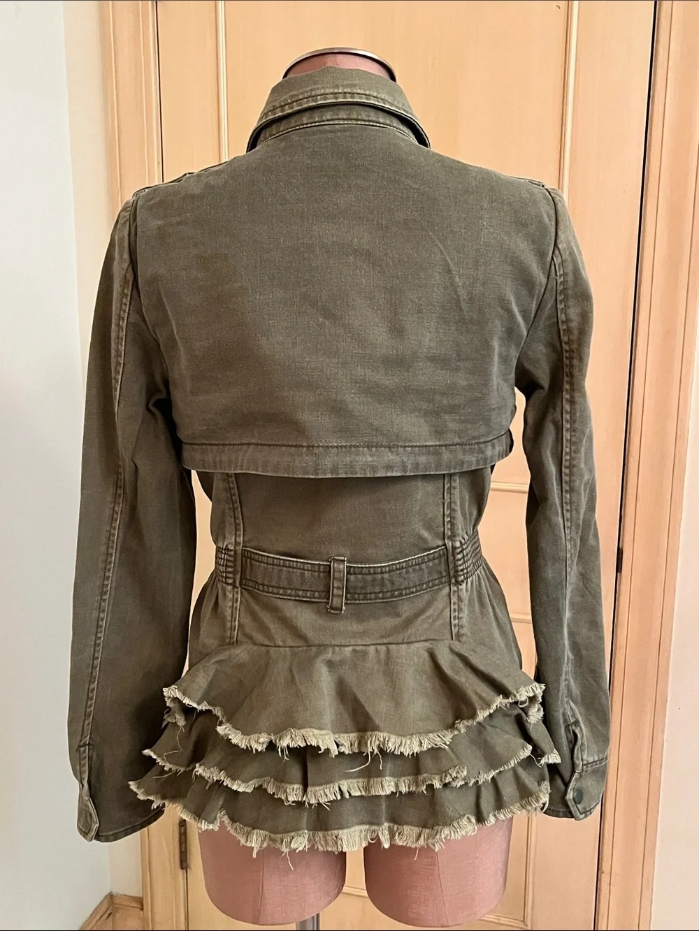 ANTHROPOLOGIE HEI HEI Modern Arty Ruffle Peplum Olive Utility Tie-Waist Jacket S
